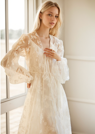 Ethereal Lace Long-Sleeve Sheer Bridal Robe Dress with Train - Glamourous Grace