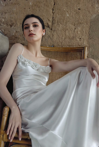Vintage Rose-Trimmed Satin Slip Wedding Dress with Spaghetti Straps - Glamourous Grace