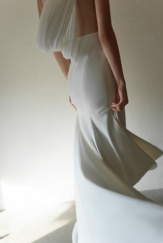 Minimalist One-Shoulder Silky Satin Wedding Dress with Draped Back - Glamourous Grace