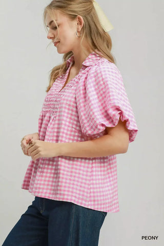Umgee Smocked Yoke Puff Sleeve Gingham Blouse in Peony - Glamourous Grace