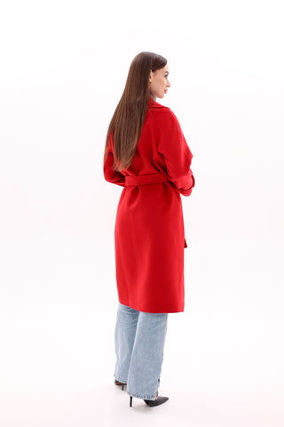 Karina Belted Wool Cashmere Blend Overcoat in Ruby