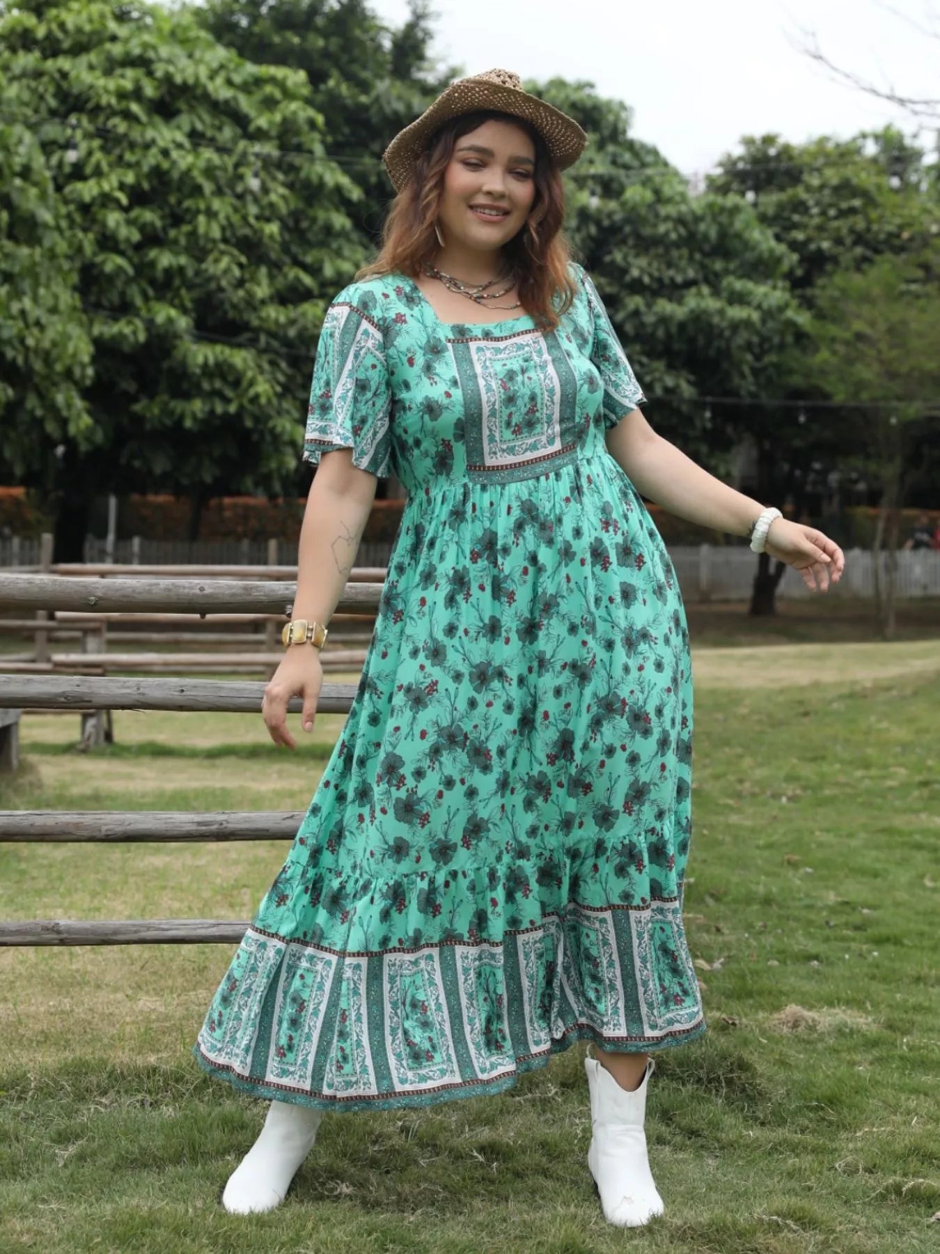 Plus Size Floral Print Square Neck Maxi Dress - Glamourous Grace
