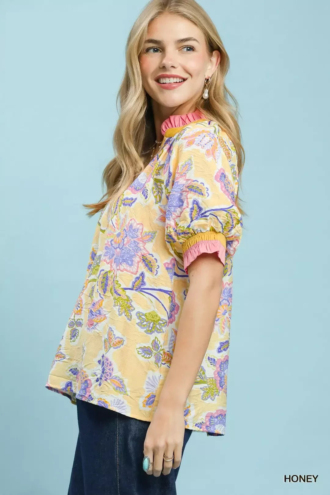 Umgee Floral Print Ruffled Short Sleeve Top - Glamourous Grace