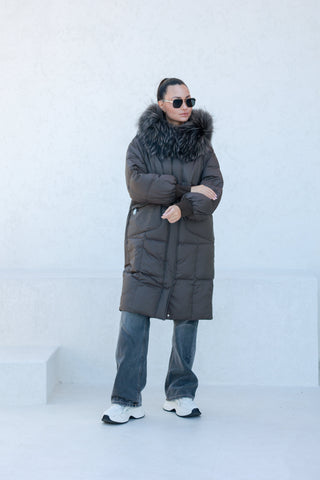 Lauren Genuine Fur Trim Down Fill Coat in Tobacco
