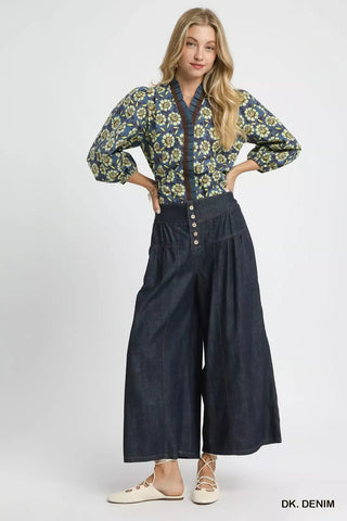 Umgee Stone Washed Wide-Leg Button-Front Culottes - Glamourous Grace