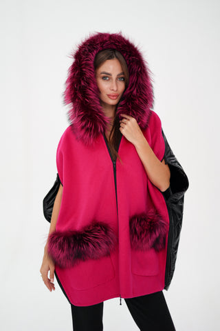 Saga®Furs Silver Fox Wool Alpaca Poncho Vest in Fuchsia
