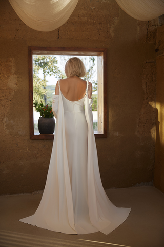 Minimalist Off-Shoulder Satin Wedding Gown with Detachable Sleeves and Elegant Train - Glamourous Grace
