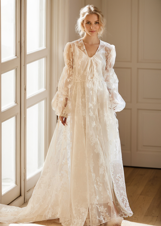 Ethereal Lace Long-Sleeve Sheer Bridal Robe Dress with Train - Glamourous Grace