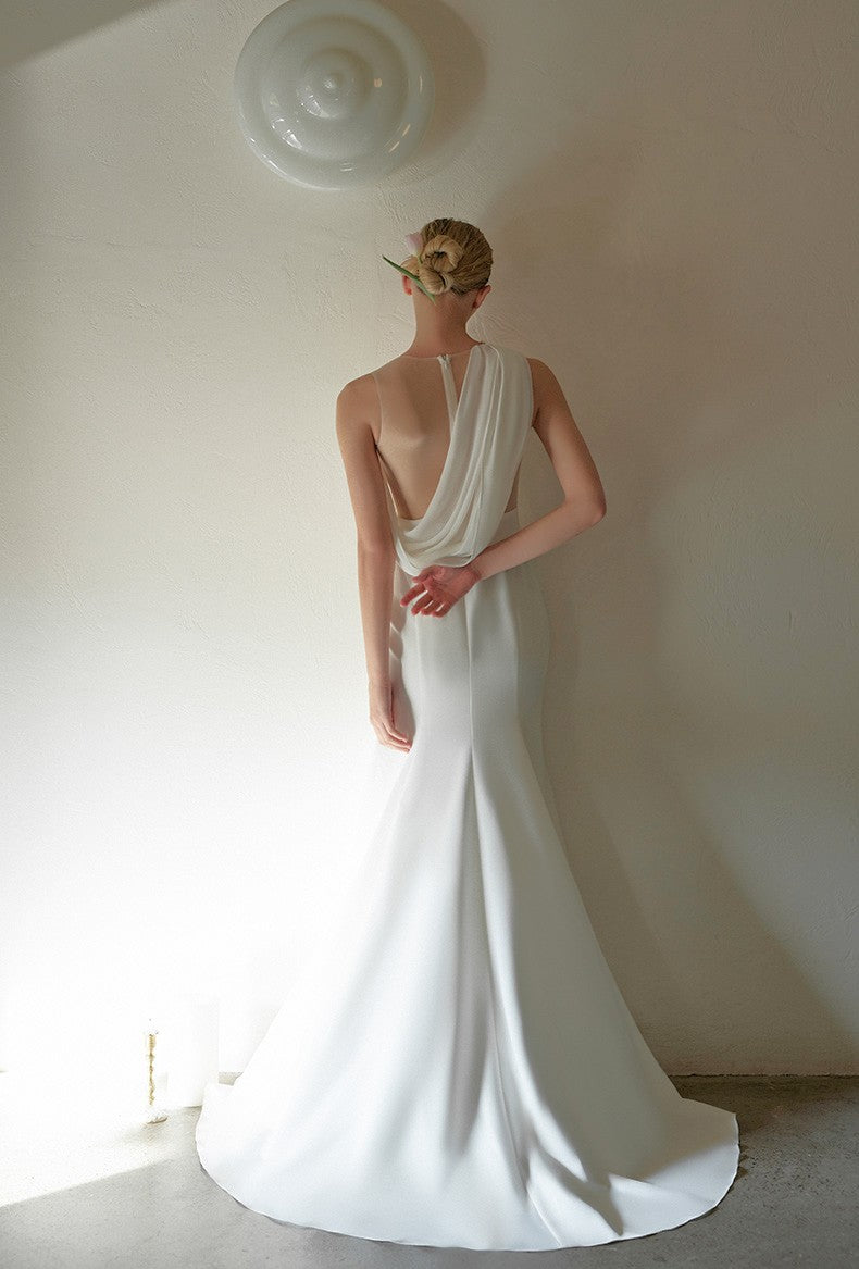 Minimalist One-Shoulder Silky Satin Wedding Dress with Draped Back - Glamourous Grace