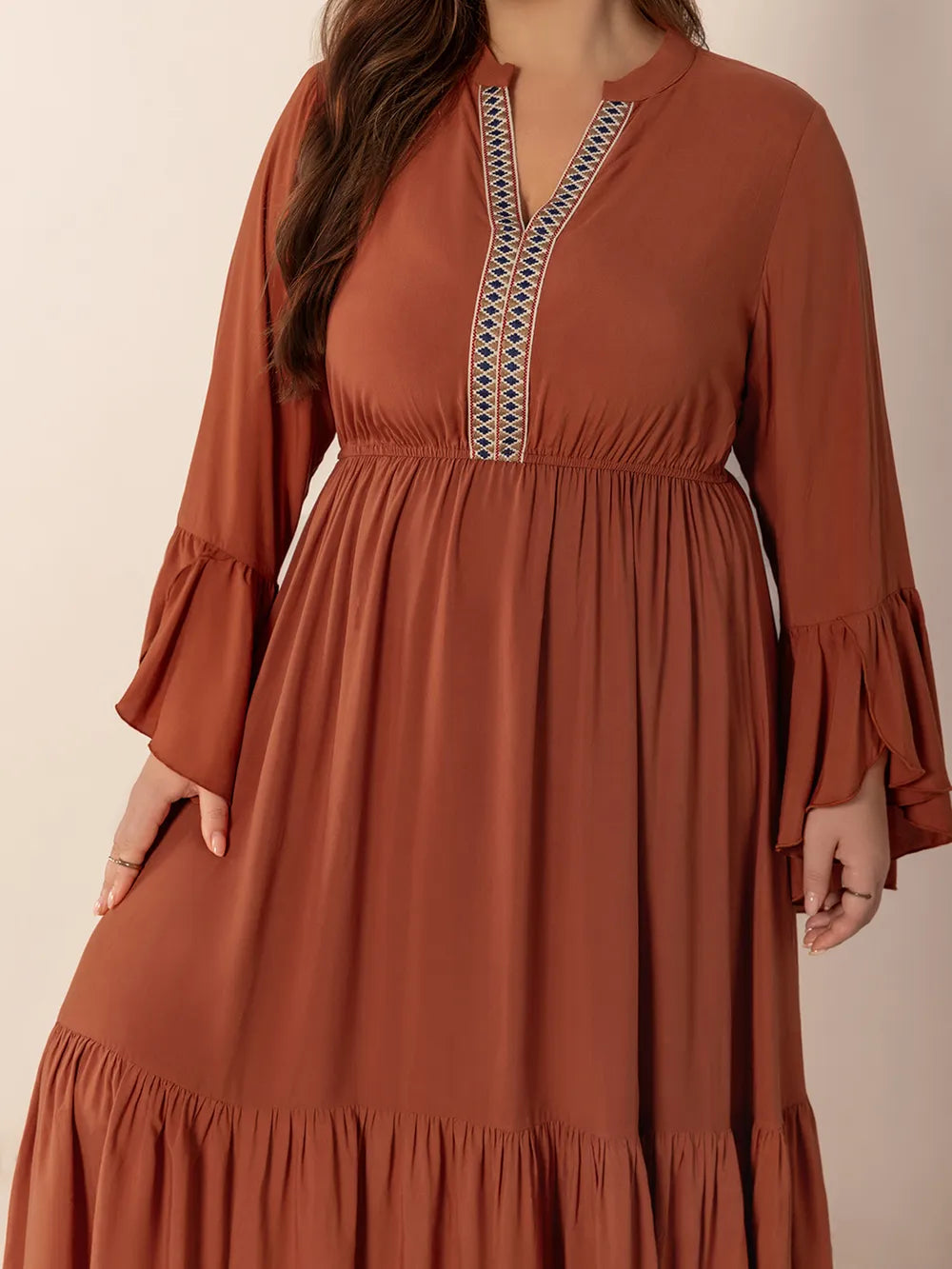 Plus Size Ruffled Notched Long Sleeve Midi Dress - Glamourous Grace