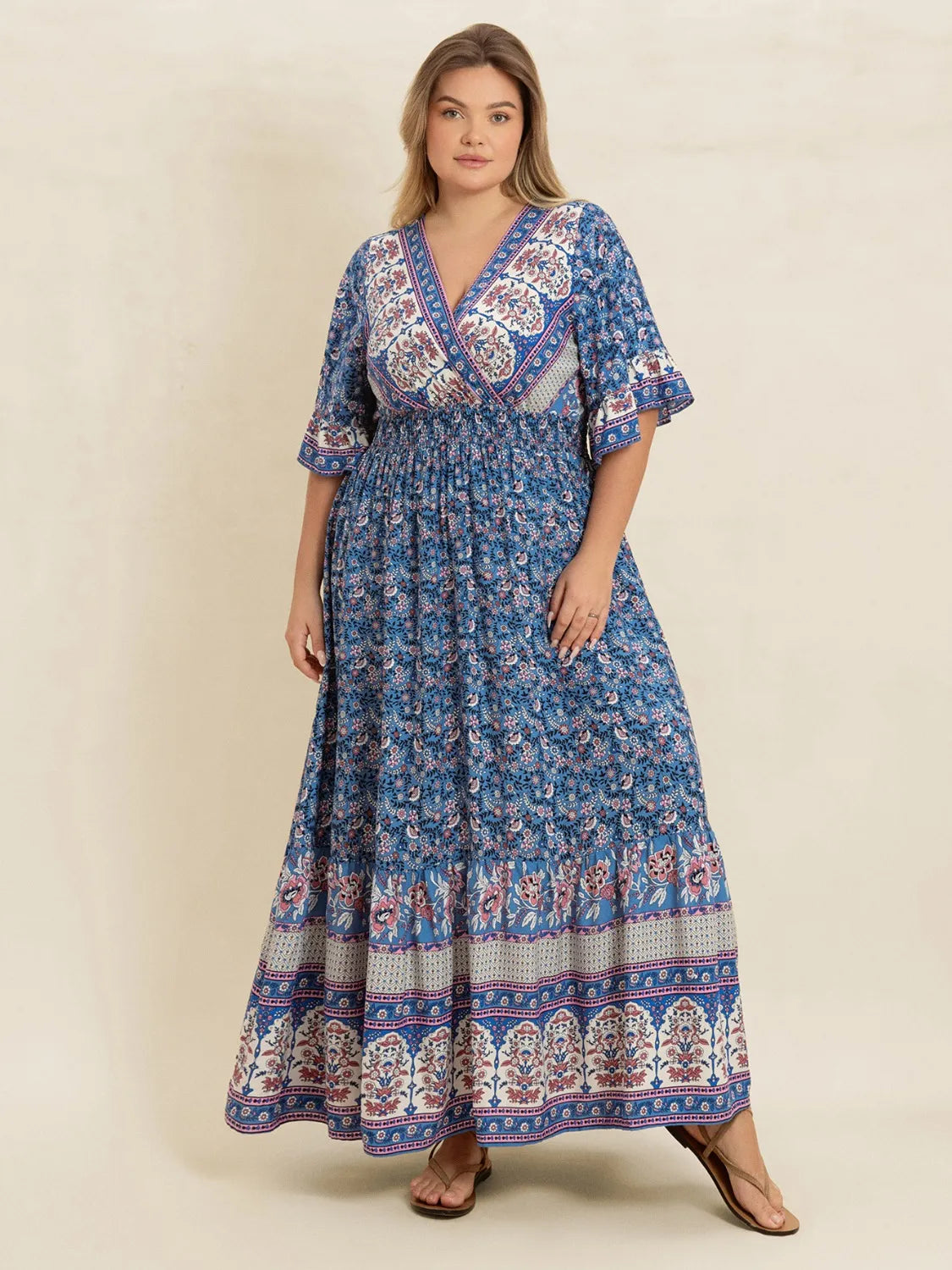 Plus Size Printed Surplice Half Sleeve Dress - Glamourous Grace