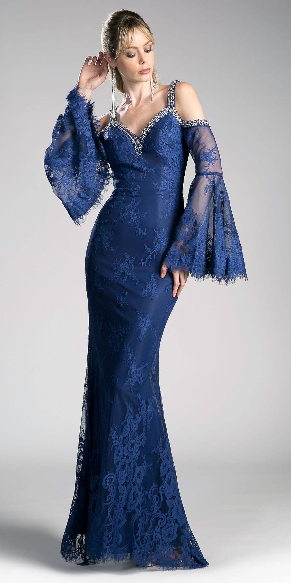 Cinderella Divine 13112 Cold Shoulder Long Sheath Dress Trumpet Bell Sleeves - Glamourous Grace