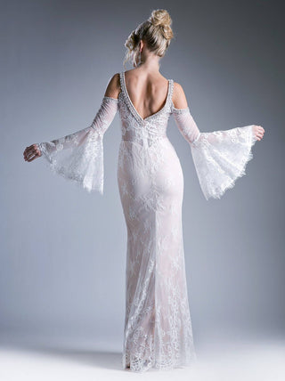 Cinderella Divine 13112 Cold Shoulder Long Sheath Dress Trumpet Bell Sleeves