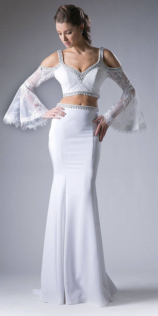 Cinderella Divine 13114 Two Piece Gown Cold Shoulder Trumpet Sleeves