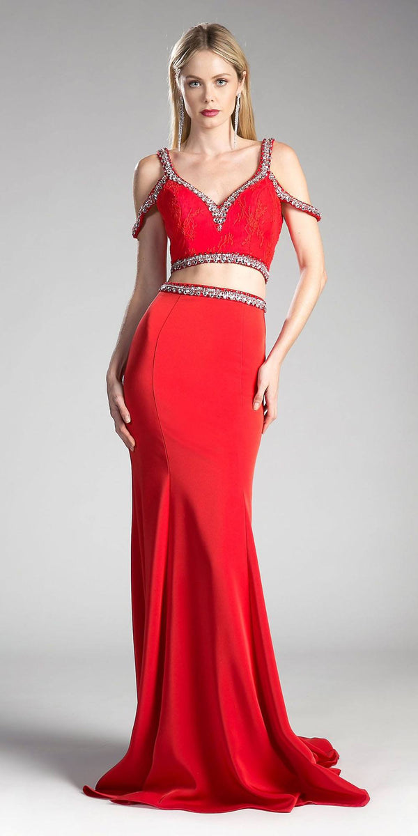 Cinderella Divine 13114A Cold-Shoulder Crop Top Two-Piece Long Dress - Glamourous Grace