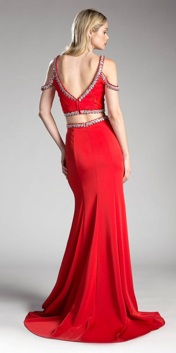 Cinderella Divine 13114A Cold-Shoulder Crop Top Two-Piece Long Dress - Glamourous Grace