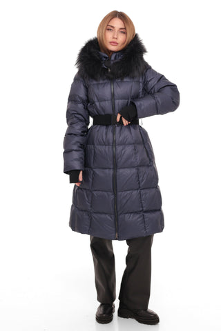 Cyrus Genuine Fur Trim Down Fill Coat in Navy