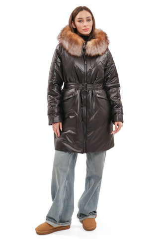 Genuine Fox Fur Trim Mid Length Coat