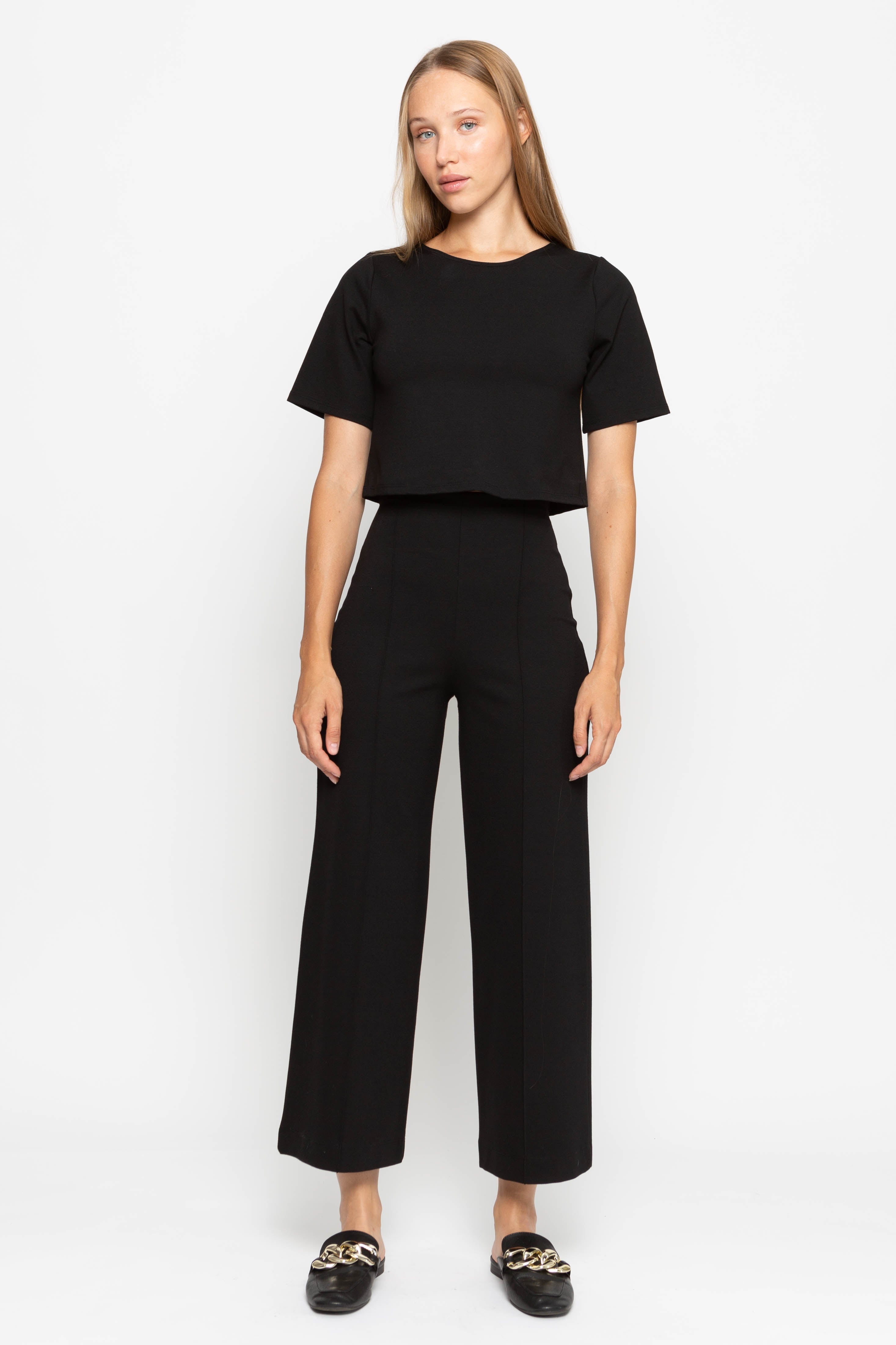 Ponte Knit Short Sleeve Top | Black - Glamourous Grace