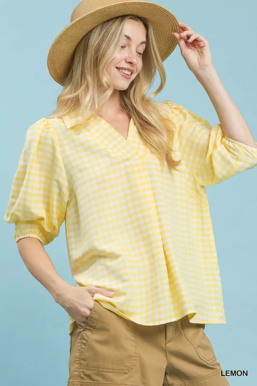 Umgee Gingham Puff Sleeve Collared Blouse - Glamourous Grace