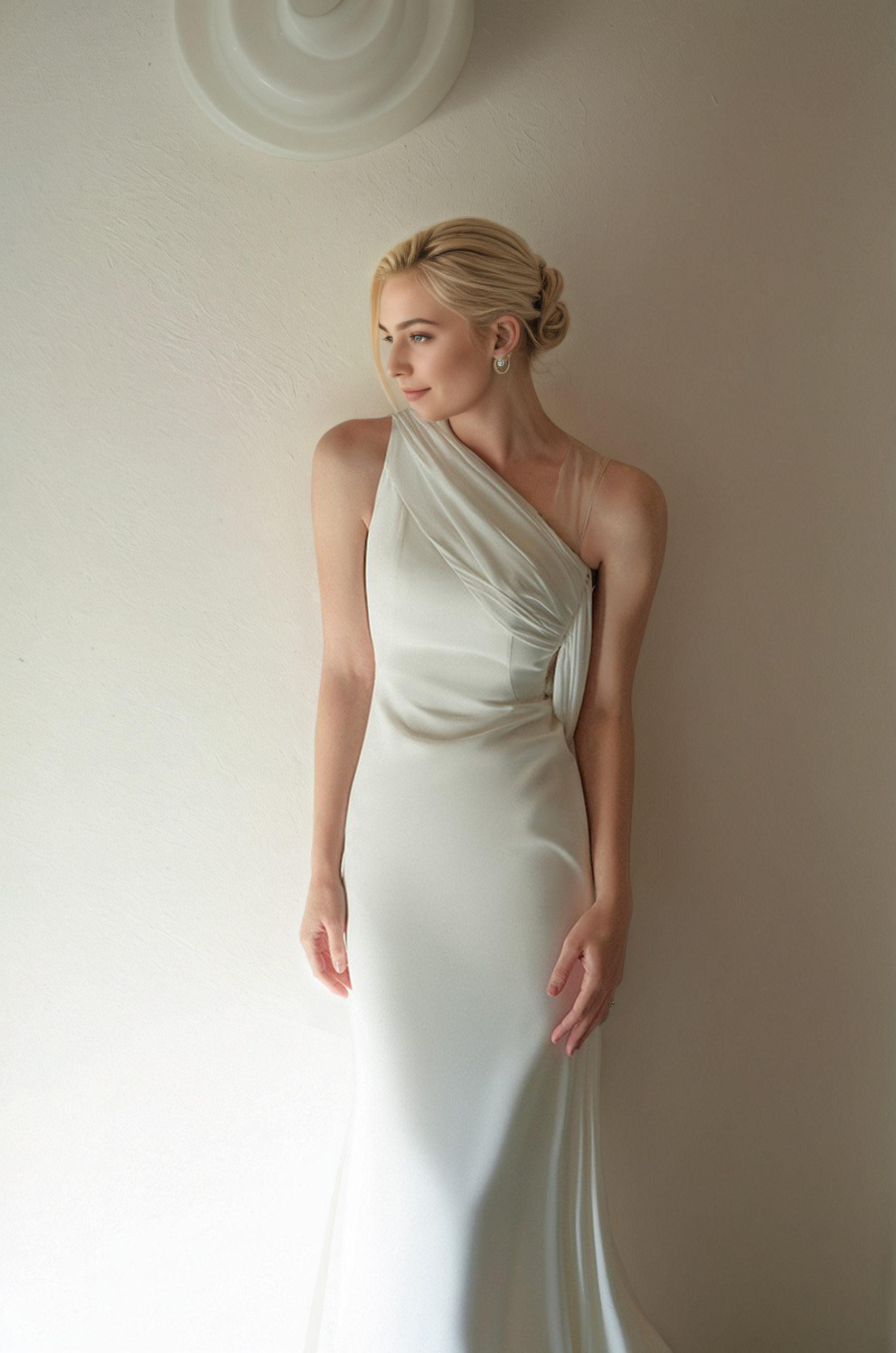 Minimalist One-Shoulder Silky Satin Wedding Dress with Draped Back - Glamourous Grace