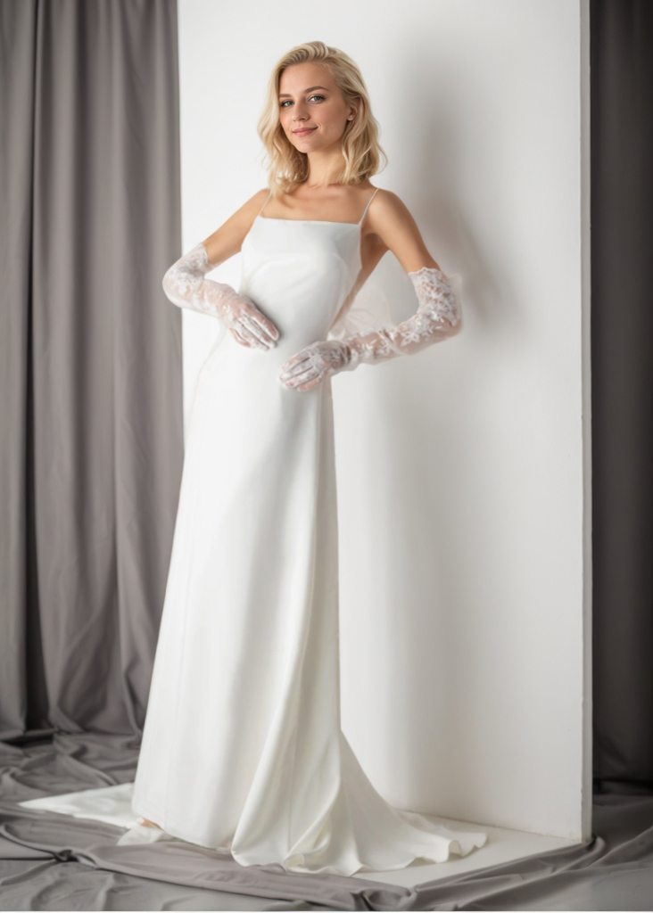 Minimalist Satin Wedding Dress with Delicate Bow Back & Sheer Gloves - Glamourous Grace