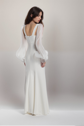 Ethereal Sculpted Bust Mermaid Gown with Sheer Balloon Sleeves