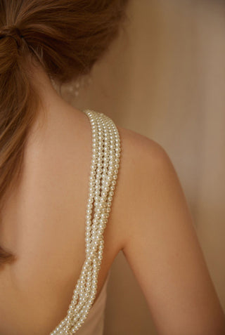 Pearl Strap Halter Satin Wedding Dress with Dramatic Back Bow and Train - Glamourous Grace