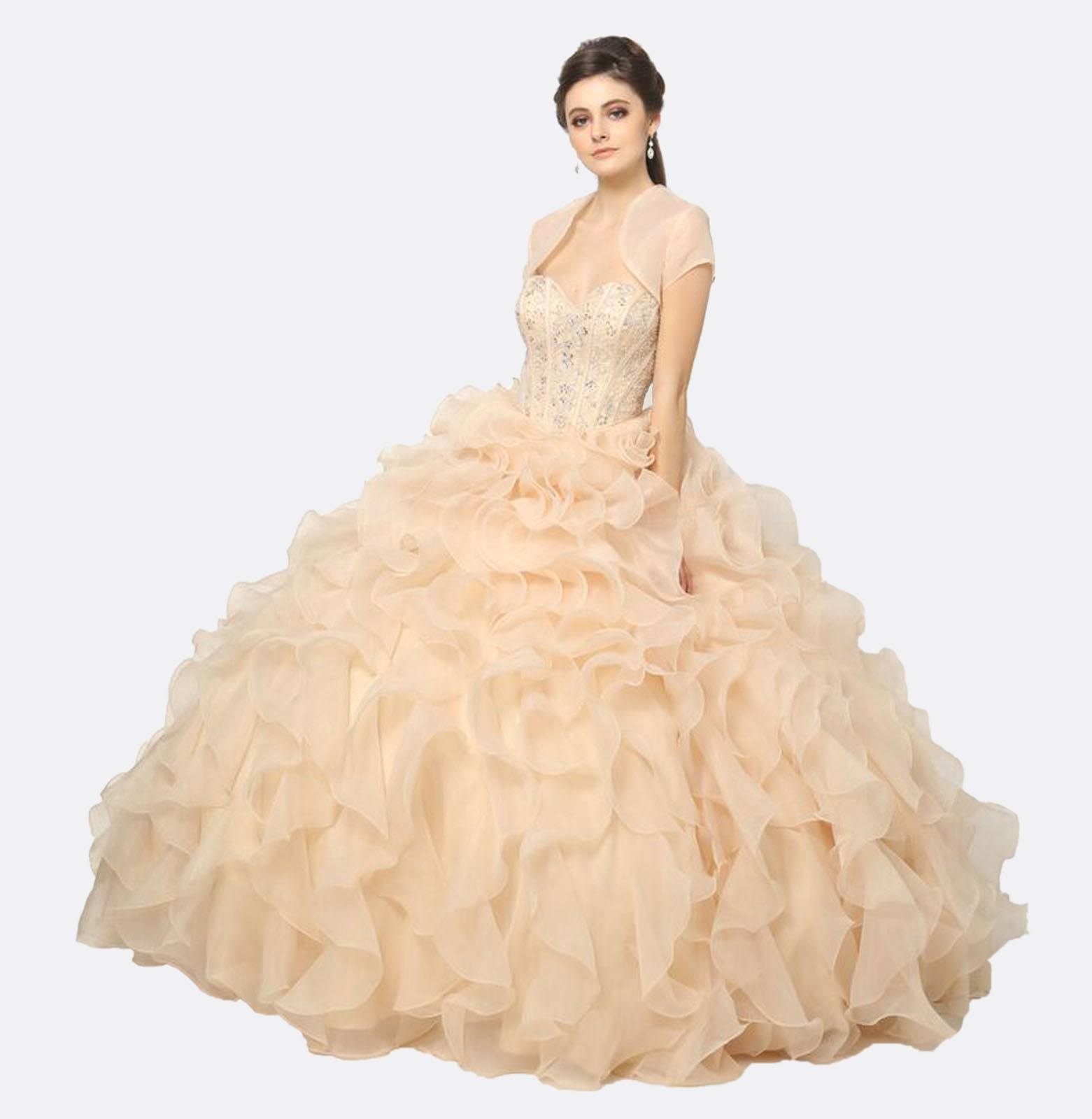Juliet 1418 Cinderella Ball Gown Organza Ruffle Skirt Beaded Corset Bodice - Glamourous Grace