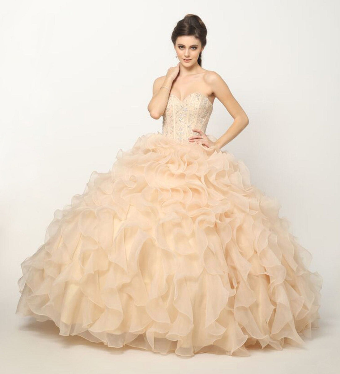 Juliet 1418 Cinderella Ball Gown Organza Ruffle Skirt Beaded Corset Bodice - Glamourous Grace