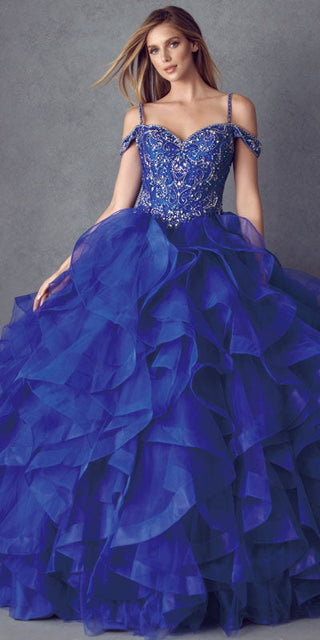 Juliet 1421 Cinderella Ball Gown Ruffled Tulle Cold Shoulder Embroidered Bodice