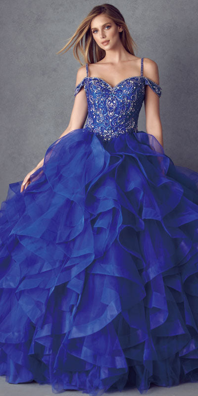 Juliet 1421 Cinderella Ball Gown Ruffled Tulle Cold Shoulder Embroidered Bodice - Glamourous Grace