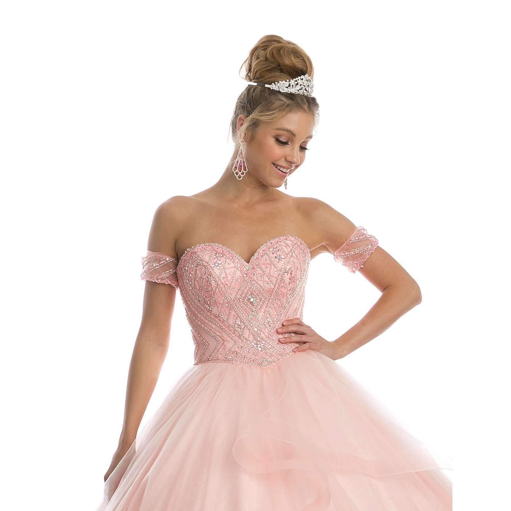 Juliet 1424 Quinceanera Ball Gown Tulle Skirt Arm Bands Beaded Bodice - Glamourous Grace
