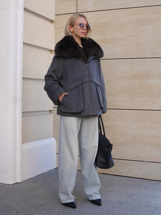 Rimini Genuine Fur Trim Wool Blend Parka in Graphite