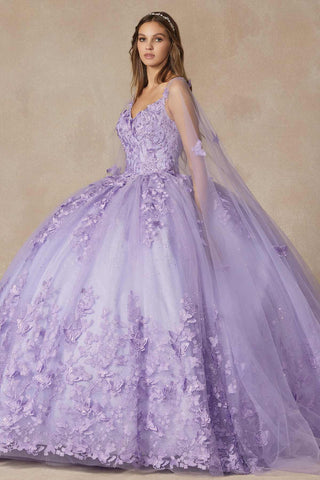 Juliet 1442 Long 3D Butterfly Appliques Strapless Bodice Cape Quinceanera Dress