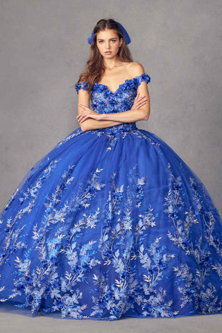 Juliet 1447 Long 3D Floral Appliques Off Shoulder Poofy Ball Gown