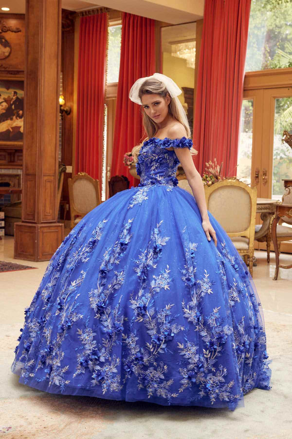 Juliet 1447 Long 3D Floral Appliques Off Shoulder Poofy Ball Gown - Glamourous Grace