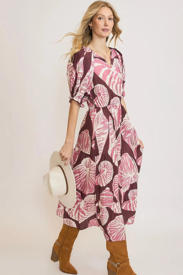 Umgee Full Size Printed Notched Puff Sleeve Midi Dress Plus Size - Glamourous Grace