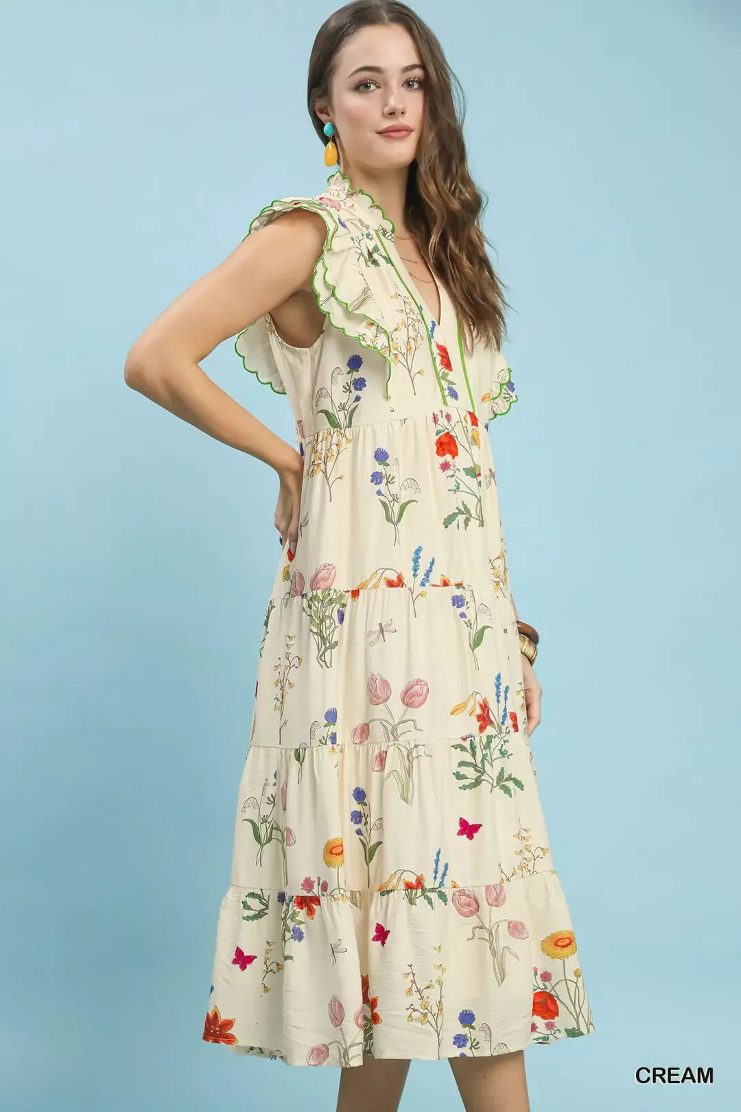 Umgee Floral Ruffle Tiered Midi Dress with Scalloped Detail - Glamourous Grace