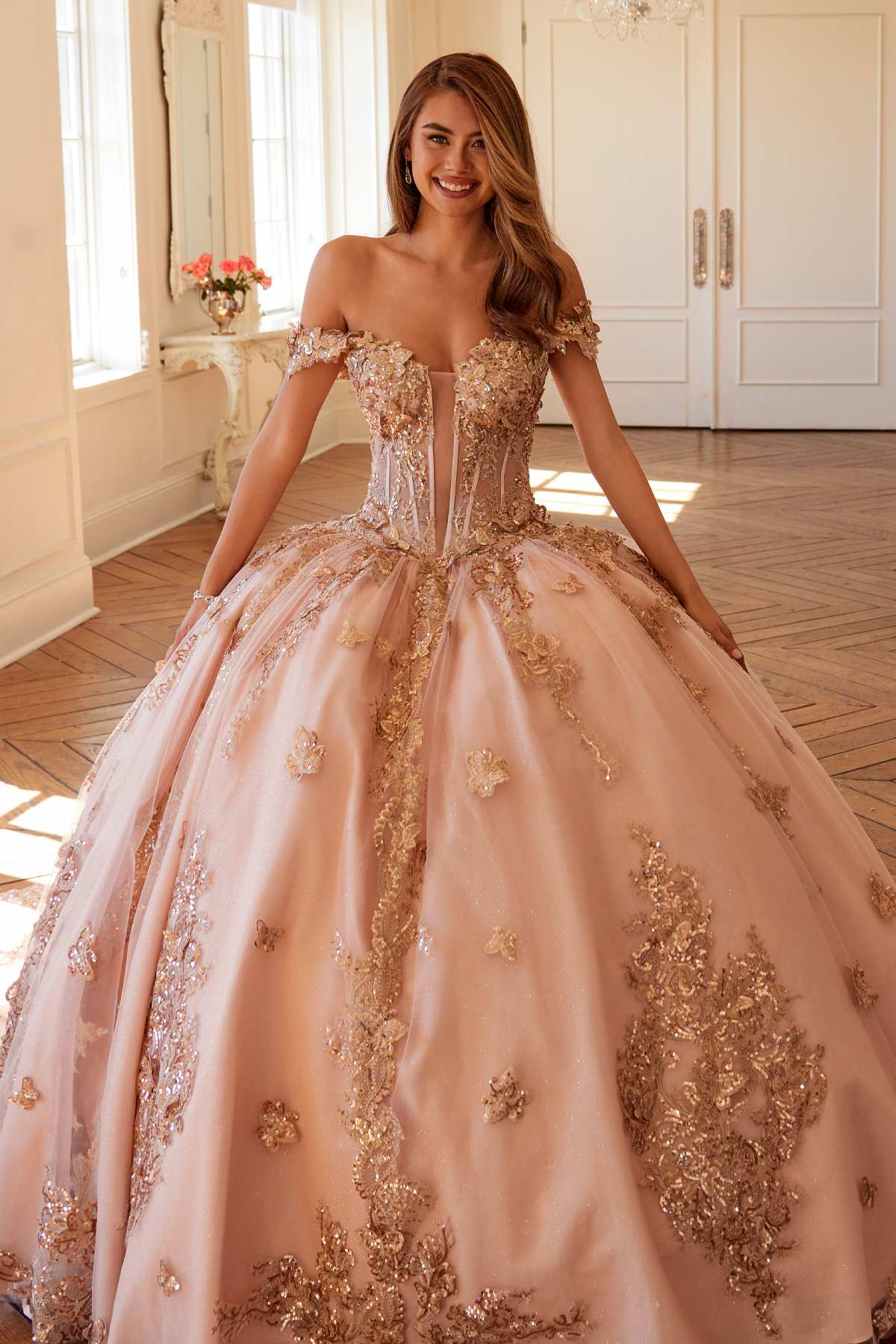 Juliet JT1485J Off the Shoulder Cinderella Quinceanera Ball Gown - Glamourous Grace
