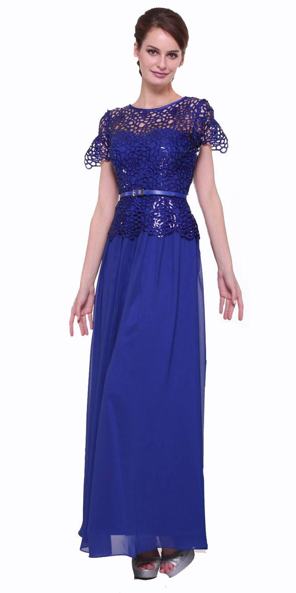 CLEARANCE - Cinderella Divine 1489 A-Line Lace Bodice Gown Short Sleeve (Size 2XL) - Glamourous Grace