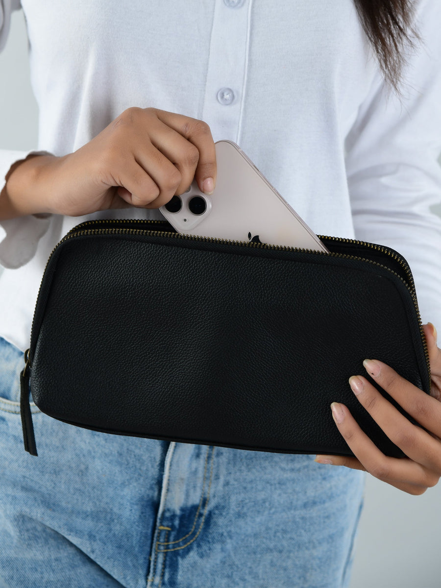 Classic Black Leather Clutch - Glamourous Grace