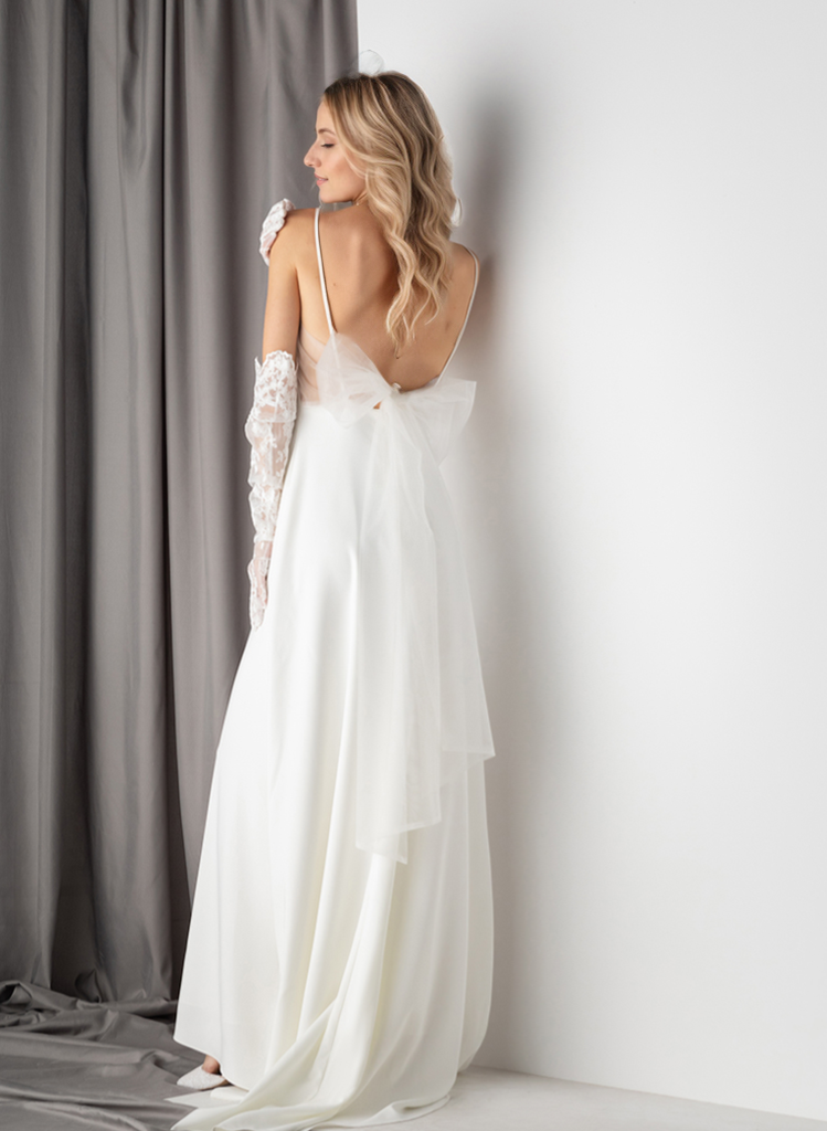 Minimalist Satin Wedding Dress with Delicate Bow Back & Sheer Gloves - Glamourous Grace