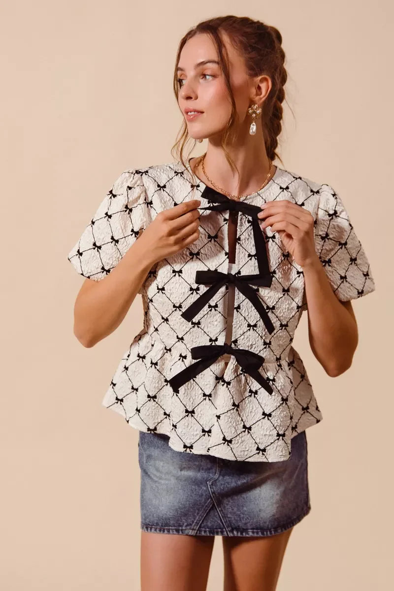 SO ME Bow Texture Woven Peplum Top With Contrast Tie - Glamourous Grace