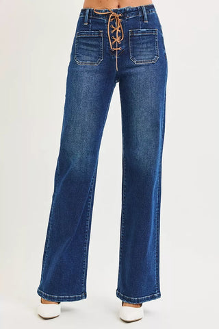 RISEN Full Size High Rise Wide Leg Jeans with Front Tie