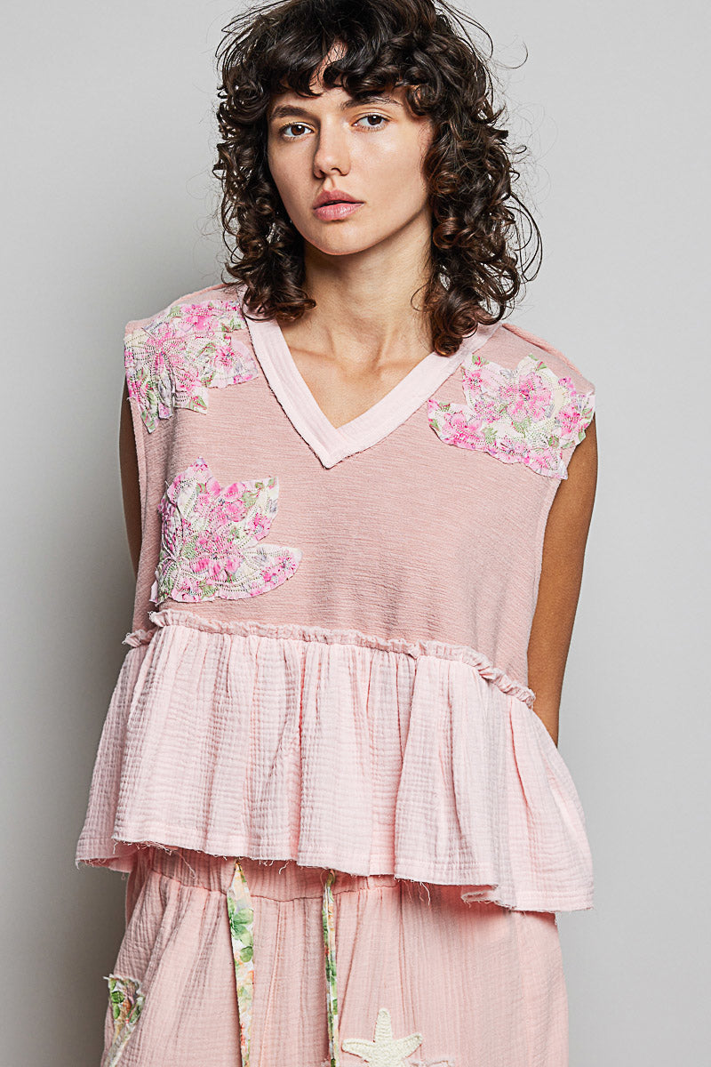 POL Floral Patch Ruffled Sleeveless Top with Raw Edge Detail in Pink - Glamourous Grace