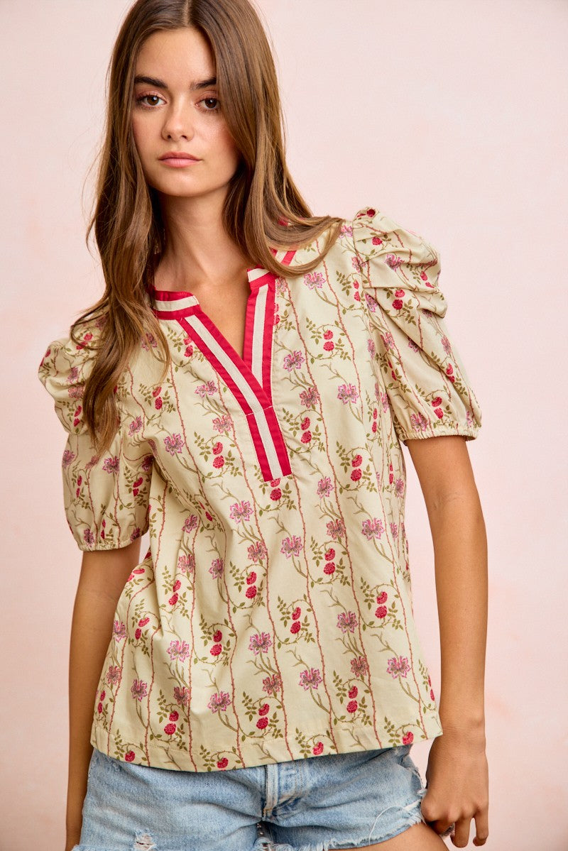 BiBi Floral Gather Sleeves Contrast Neckband Blouse Top - Glamourous Grace