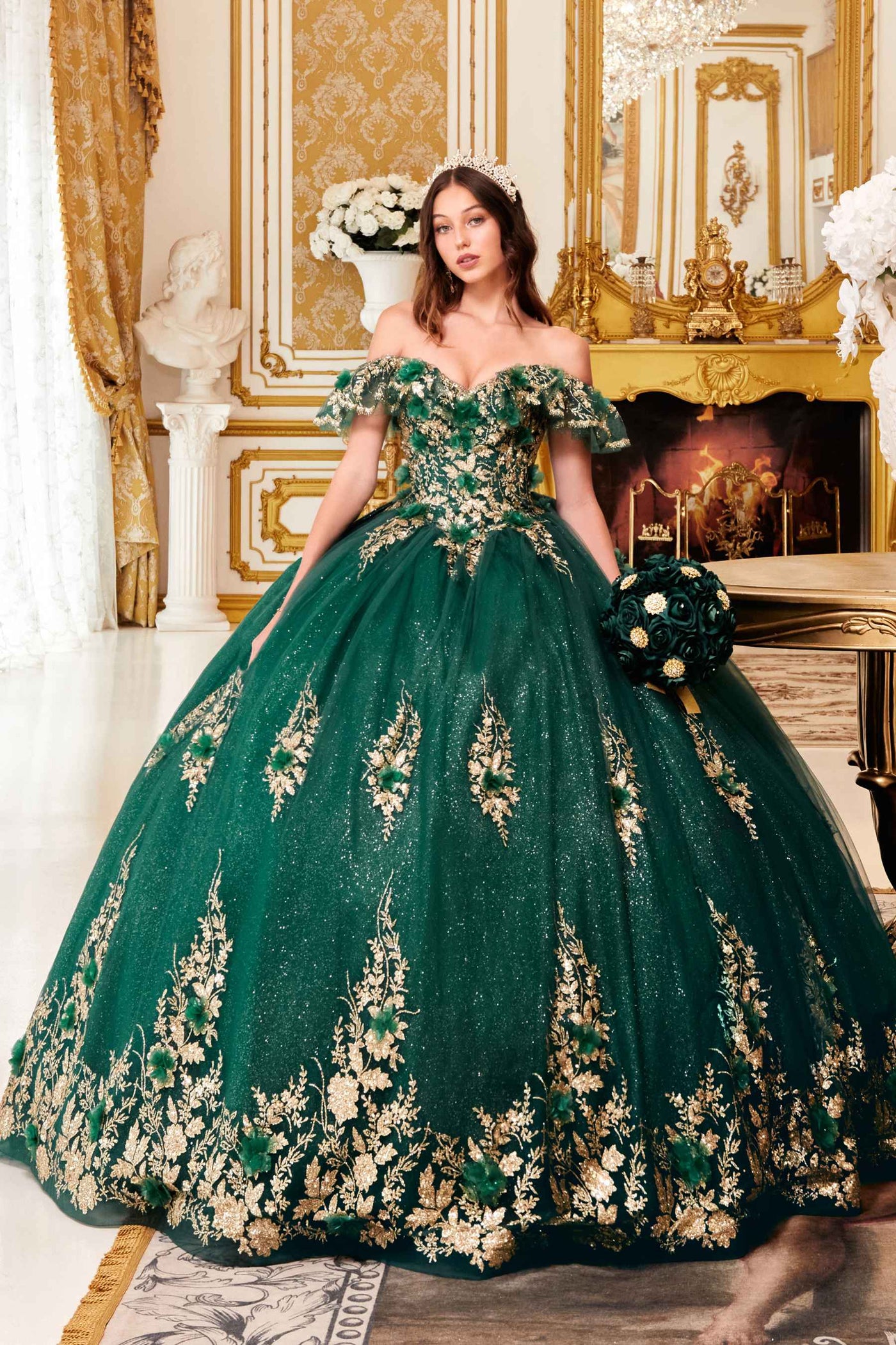 Ladivine 15701 Floral Off the Shoulder A-line Quince Ball Gown - Glamourous Grace