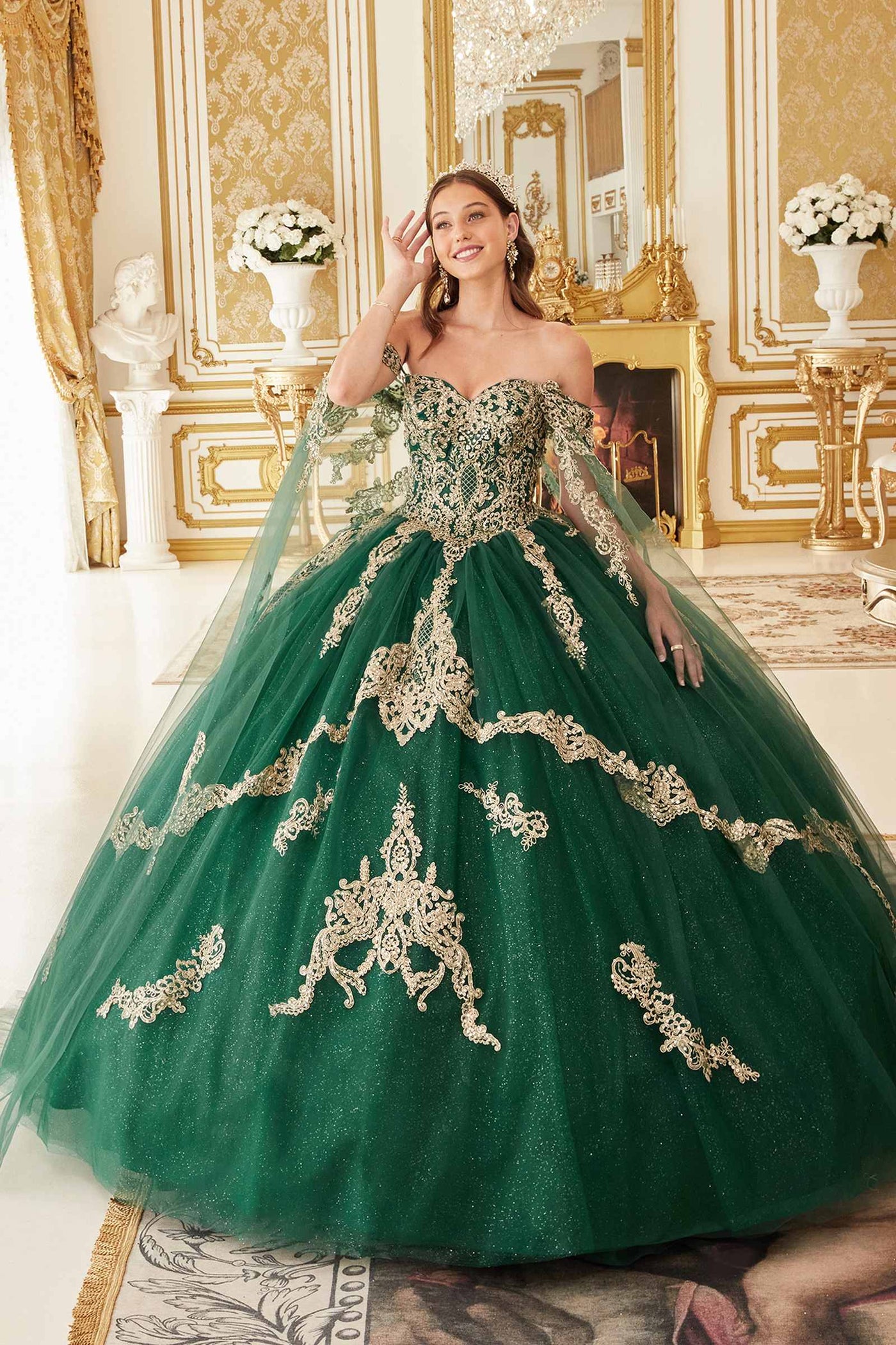Ladivine 15711 Off the Shoulder Glitter Tulle A-Line Ball Gown Removable Cape - Glamourous Grace