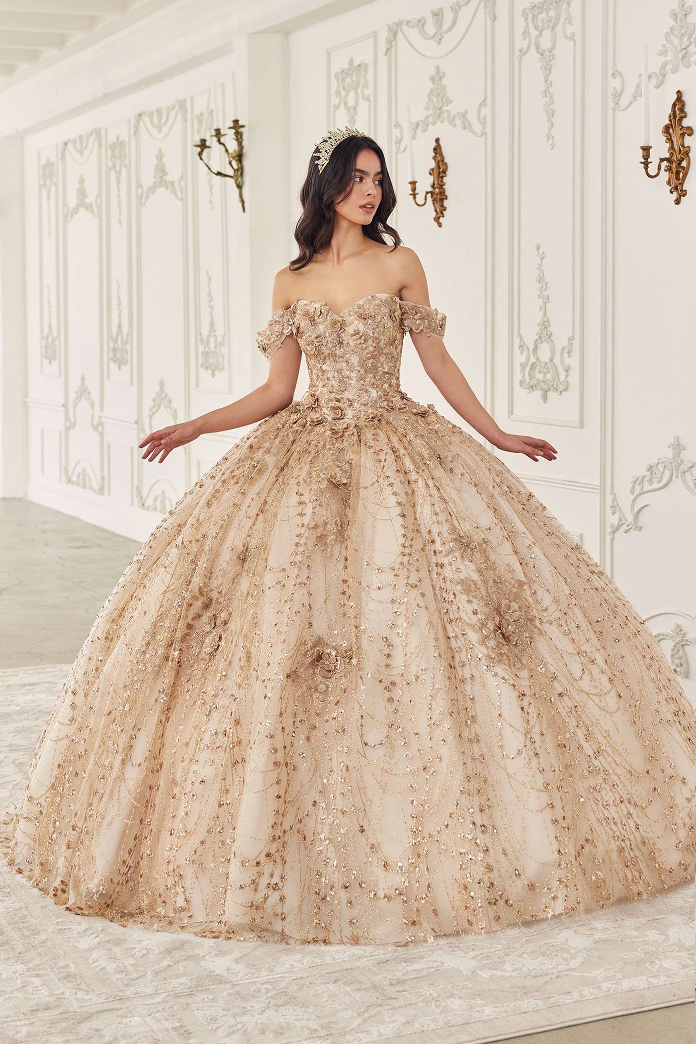 Ladivine 15712 Long Off the Shoulder Corset Poofy Quinceanera Dress - Glamourous Grace
